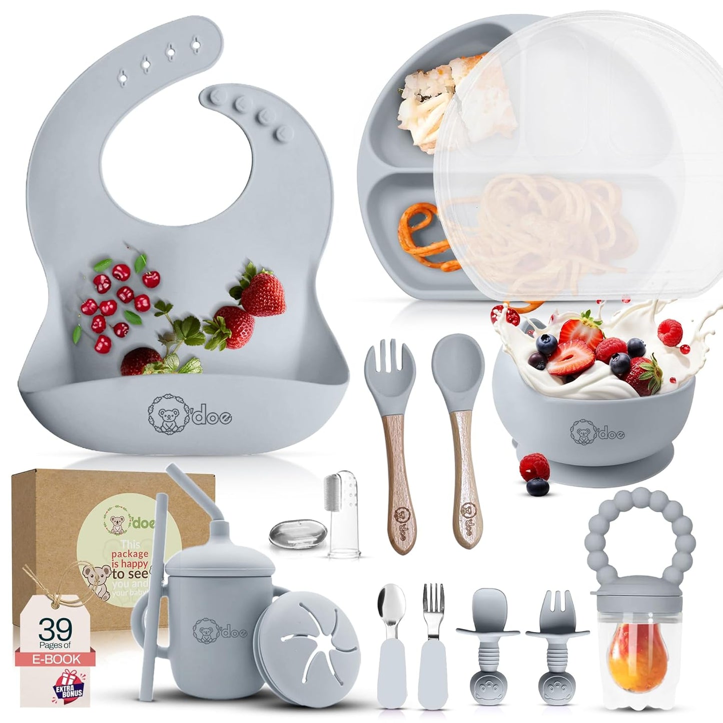 Collection of baby feeding products including a bib, bowl, spoon, and other accessories on a white background.
