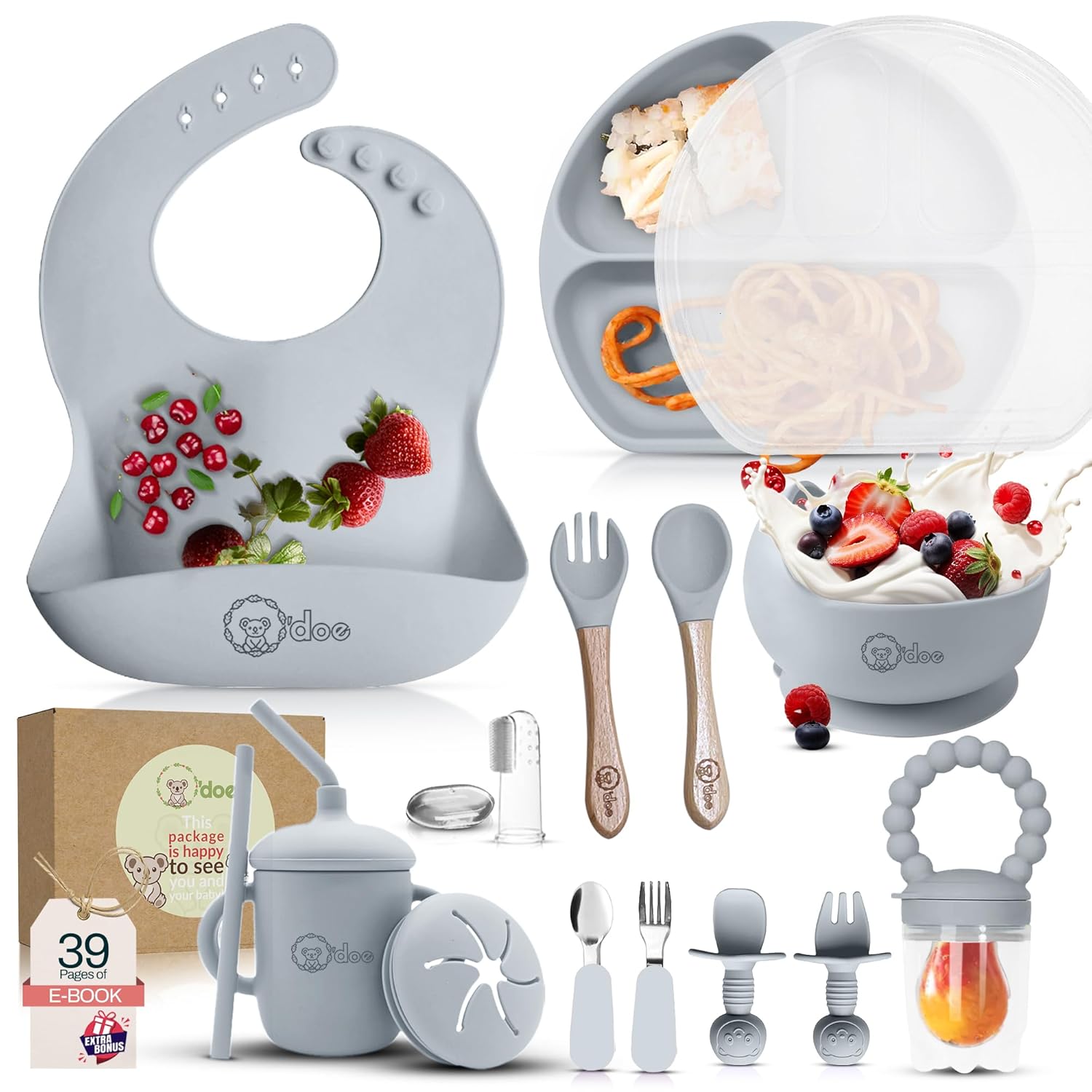 Collection of baby feeding products including a bib, bowl, spoon, and other accessories on a white background.