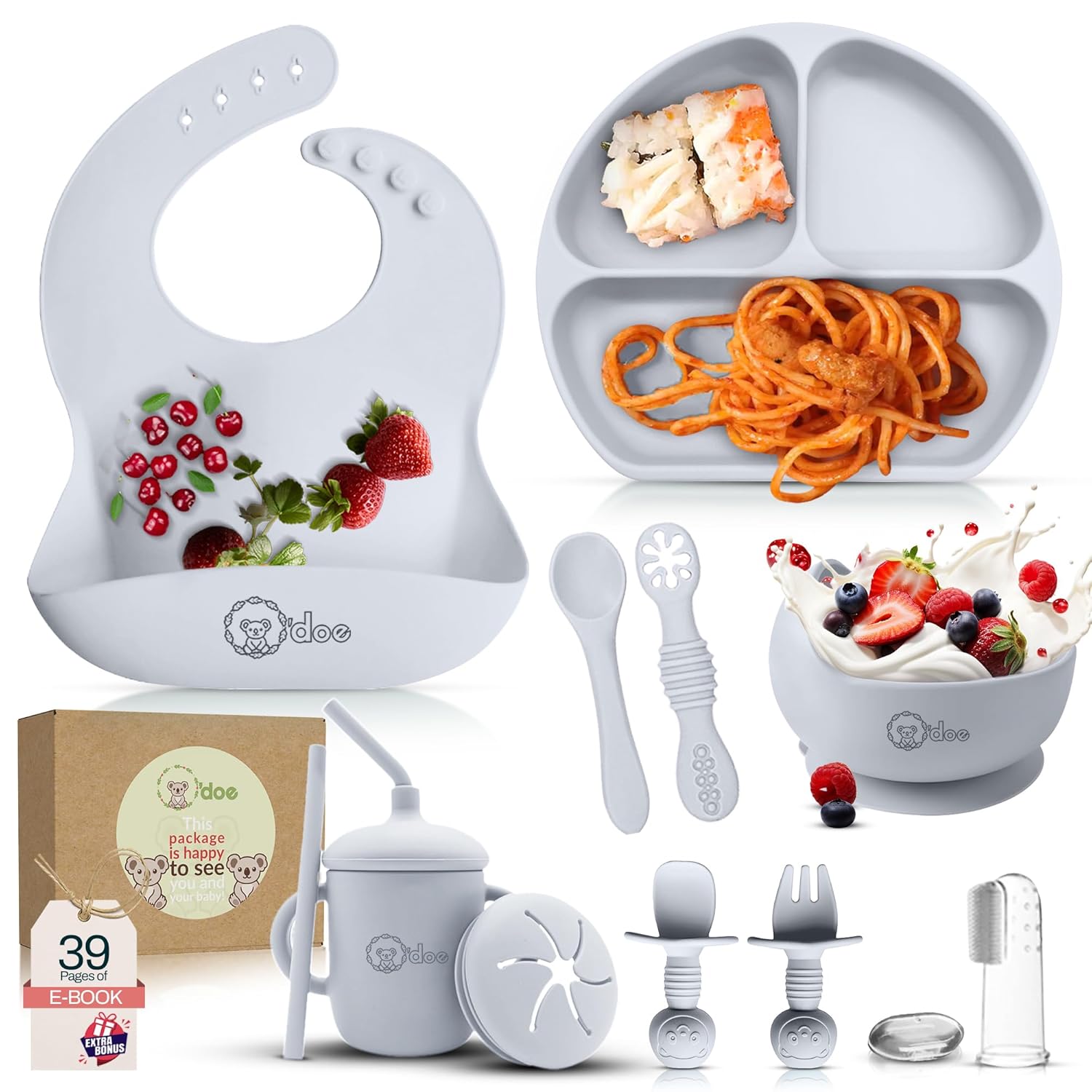Collection of baby feeding products including a bib, plate, cups, and utensils on a white background.