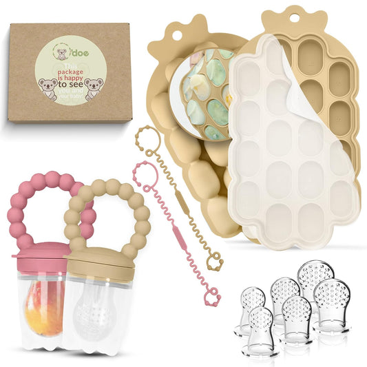 Collection of baby products including a teether, silicone mold, and packaging on a white background.