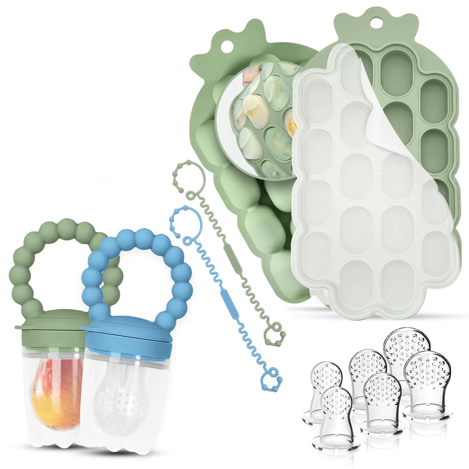Collection of baby products including a teething toy, ice cube tray, and silicone cups on a white background.