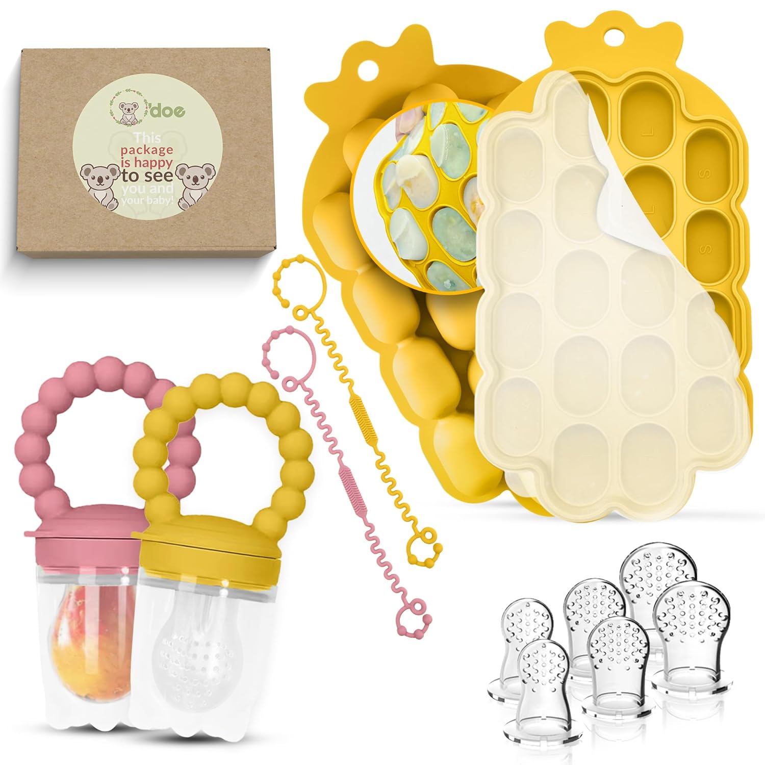 Collection of baby products including teething toys and silicone molds on a white background.