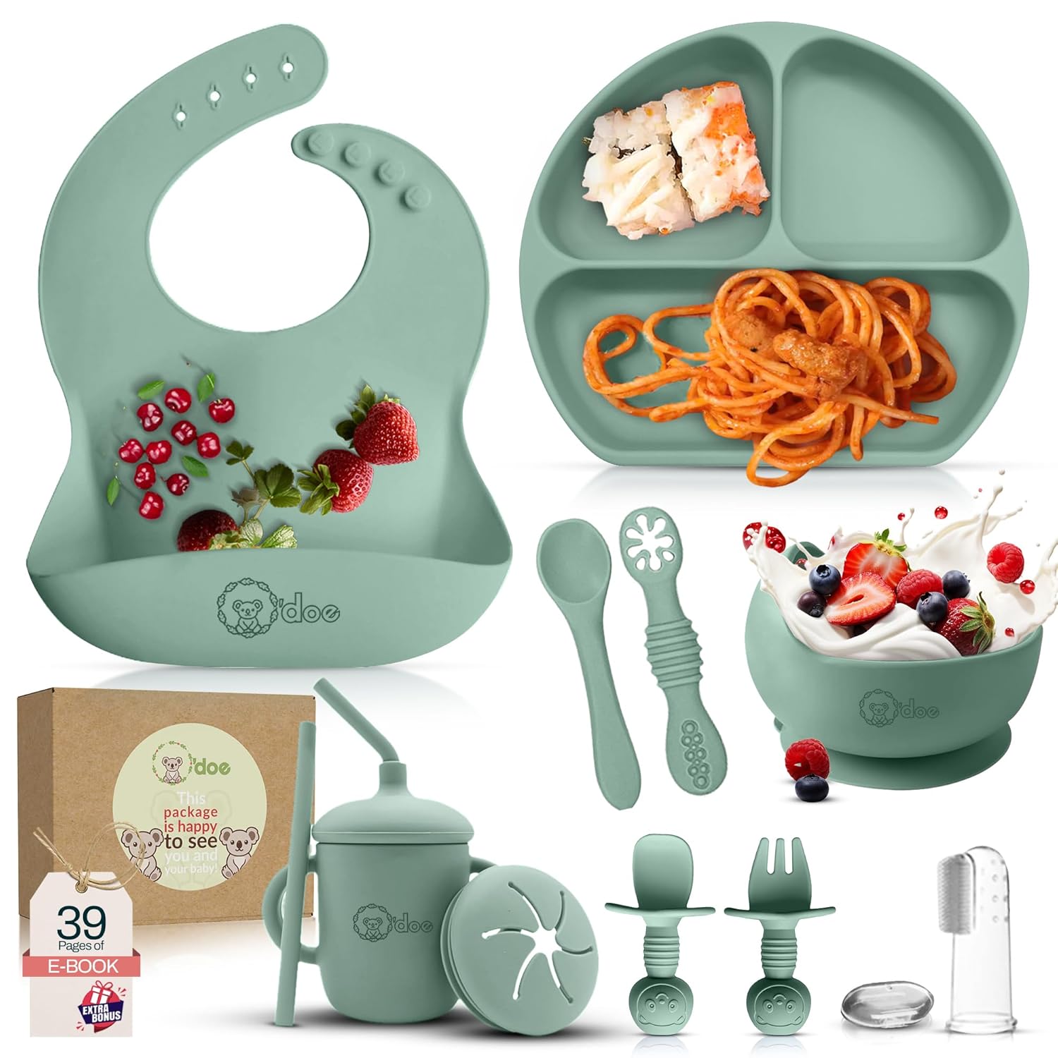 Collection of green baby utensils and feeding products including a bib, plate, cup, and spoons on a white background.