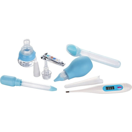 Collection of medical tools including a thermometer, syringe, and other devices on a white background