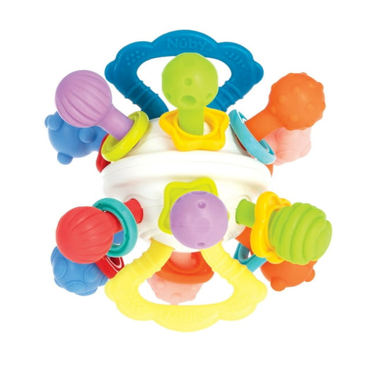 Colorful baby teething ring with multiple textures on a white background
