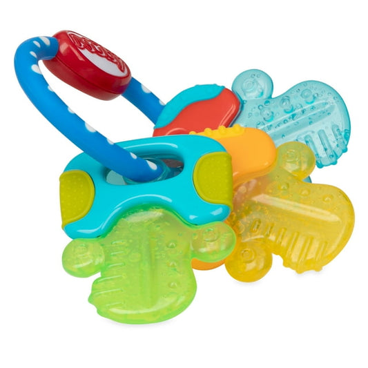 Colorful baby teething toy with multiple textures on a white background