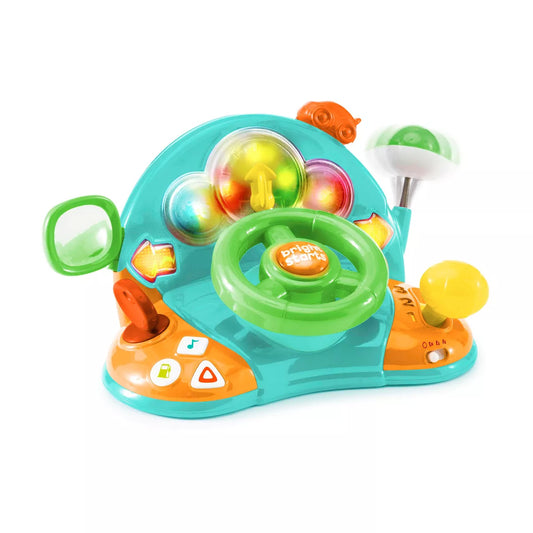 Colorful baby toy with steering wheel and various interactive elements on a white background