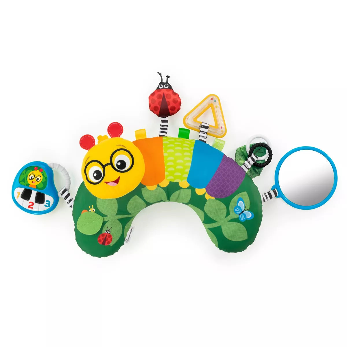 Colorful caterpillar-shaped baby toy with various interactive elements on a white background