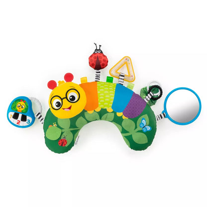 Colorful caterpillar-shaped baby toy with various interactive elements on a white background