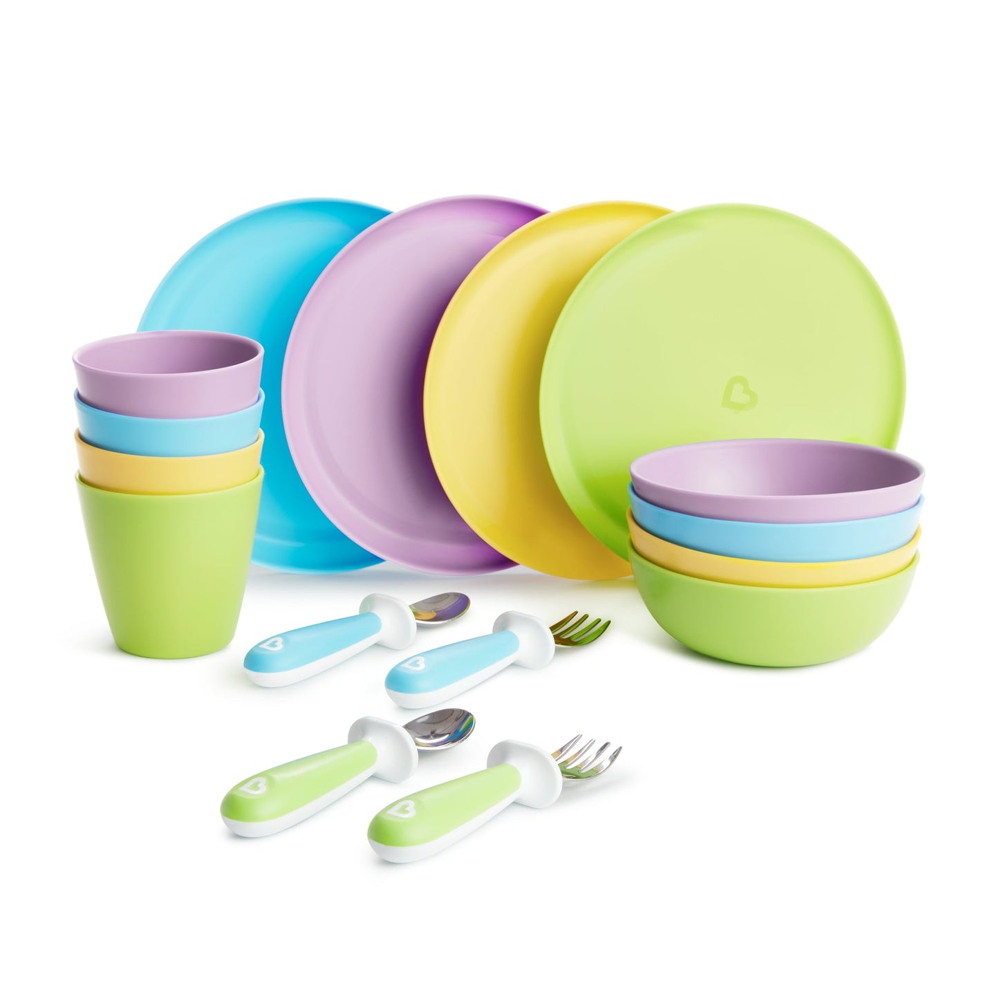Colorful children's dinnerware set including plates, cups, bowls, and utensils on a white background.