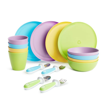 Colorful children's dinnerware set including plates, cups, bowls, and utensils on a white background.