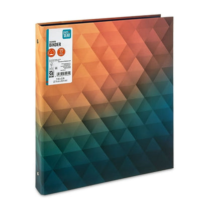 Colorful geometric-patterned binder with a label on a white background