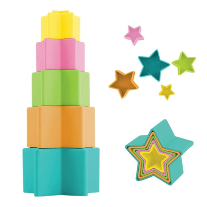 Colorful geometric stacking blocks with star-shaped toys on a white background