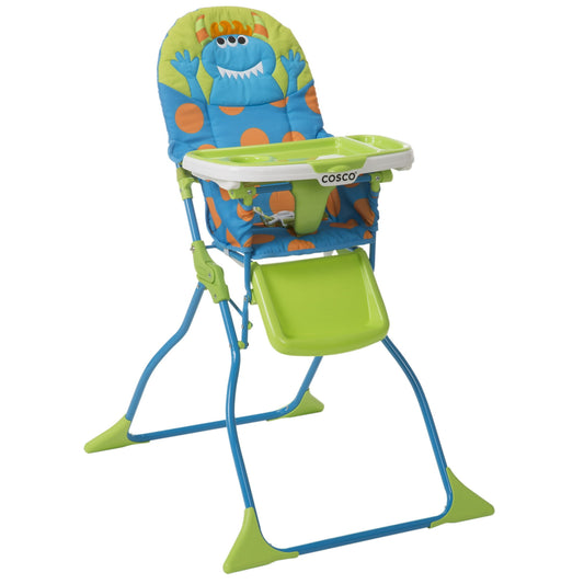 Colorful high chair with cartoon character design on a white background