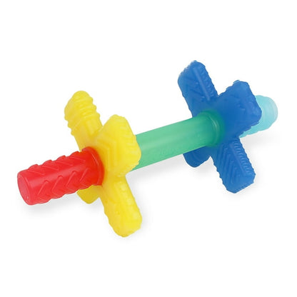 Colorful plastic toy with interlocking gears on a white background