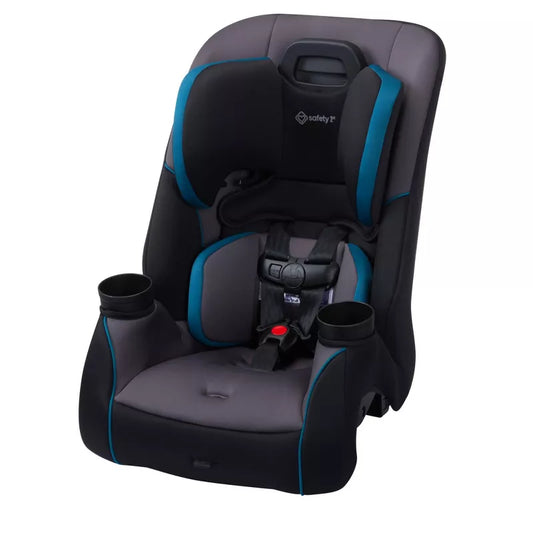 Convertible car seat in black, grey, and blue with cup holders, suitable for newborns and toddlers.