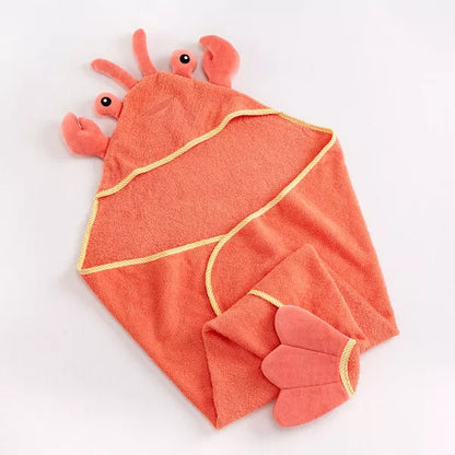 Coral-colored hooded towel shaped like a crab on a white background
