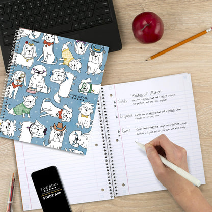 Five Star Cats & Dogs 1 Subject Wide Ruled Notebook Plus Study App, 8" x 10.5", Dogs, Poly, Spiral, 80 Sheets
