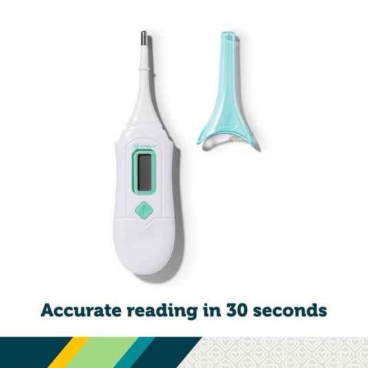 Digital thermometer with a green accent on a white background