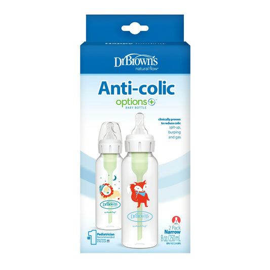 Dr. Brown's Natural Flow Anti-Colic Options+ Narrow Baby Bottle, Fox/Lion, 8 oz, 0m+, 2 Pack