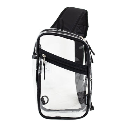Compact transparent sling bag for carrying your phone, wallet, keys, water bottle, and personal accessories.