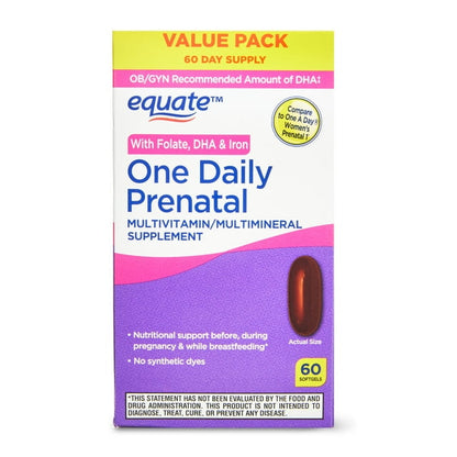 Equate One Daily Prenatal Softgels Multivitamin/Multimineral Supplement, Value Pack, 60 Count, Compare to One A Day Women Prenatal 1