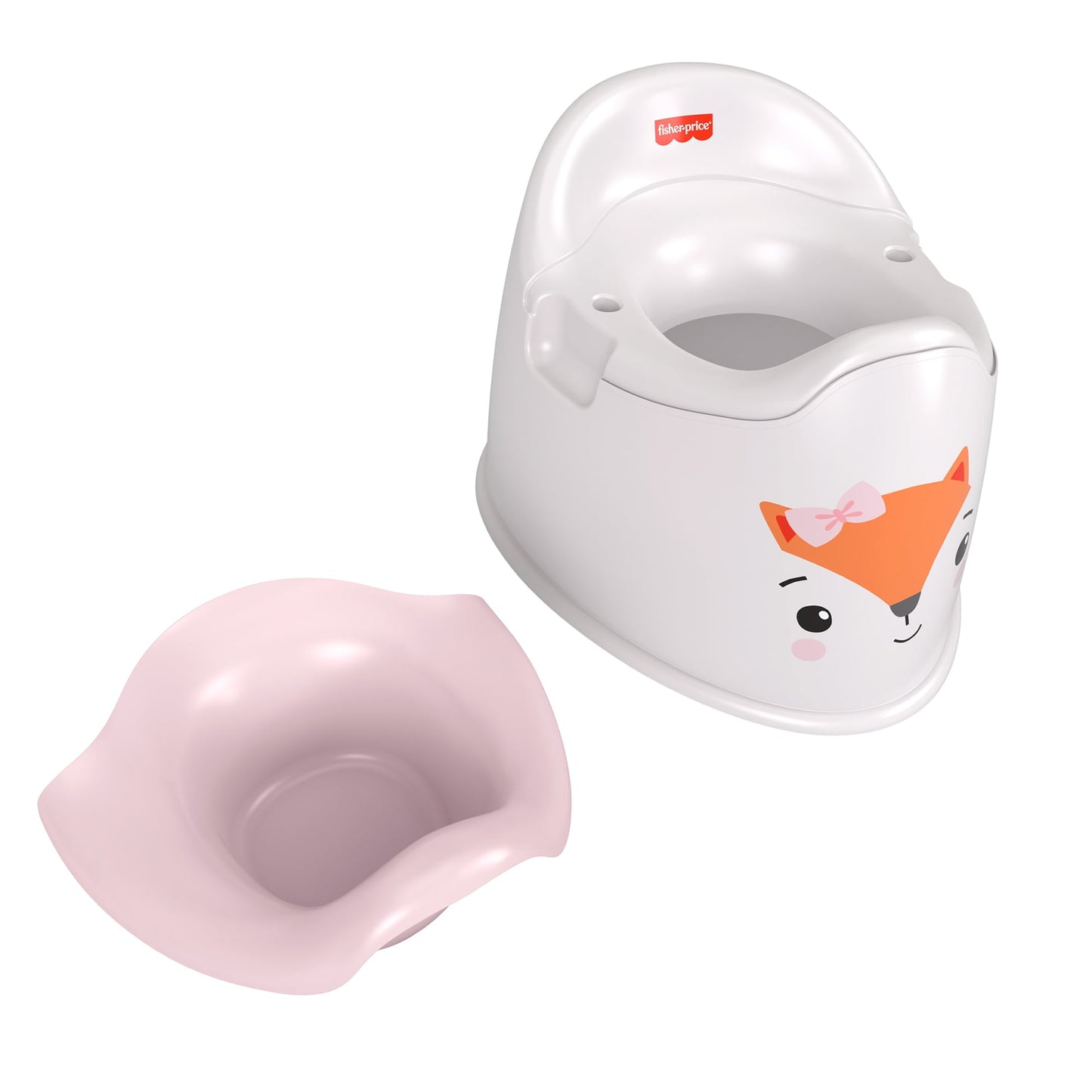 A white toddler potty training chair with a fox design and a separate pink removable bowl