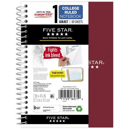 Five Star 1 Subject 7x5 Notebook Burgundy
