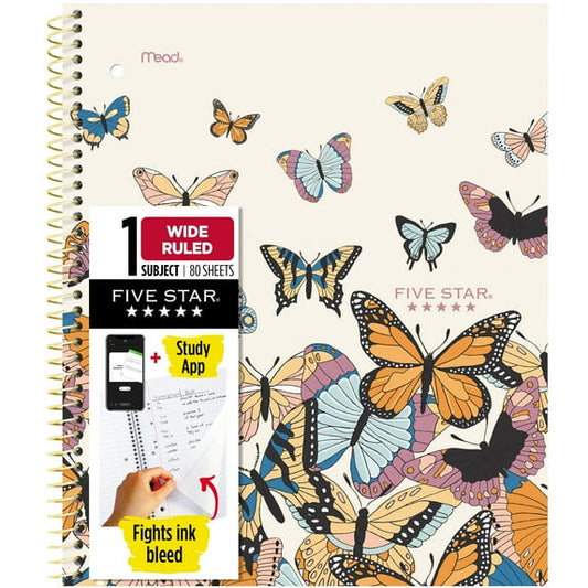 Five Star Butterflies 1 Subject Wide Ruled Notebook Plus Study App, 8" x 10.5", Flutter Fade, Poly, Spiral, 80 Sheets