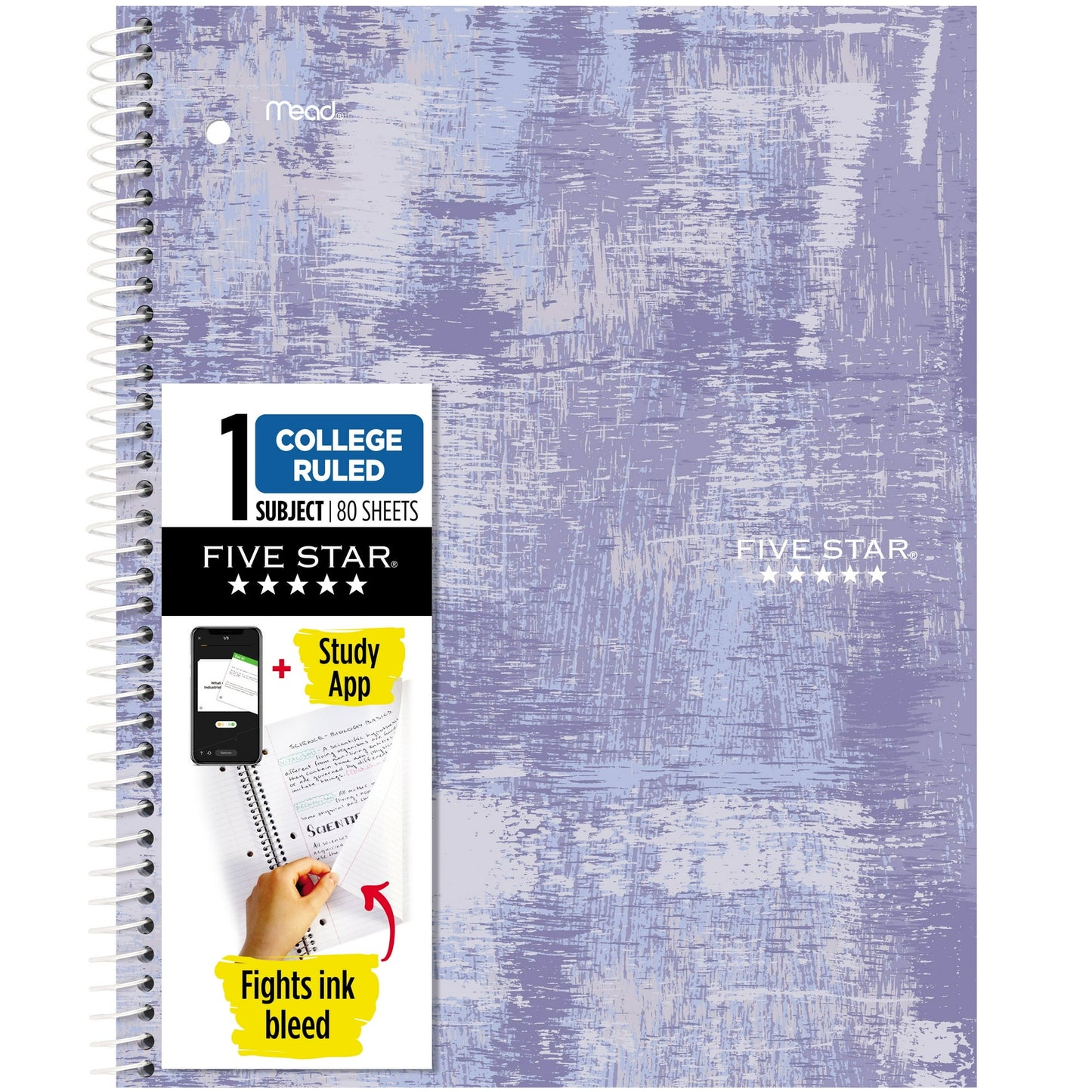 Five Star Yoga Spiral 1 Subject College Ruled Notebook Plus Study App, 8.5" x 11", Lavender Grit, Poly, Spiral, 80 Sheets