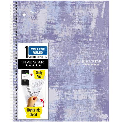 Five Star Yoga Spiral 1 Subject College Ruled Notebook Plus Study App, 8.5" x 11", Lavender Grit, Poly, Spiral, 80 Sheets