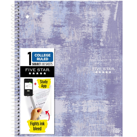 Five Star Yoga Spiral 1 Subject College Ruled Notebook Plus Study App, 8.5" x 11", Lavender Grit, Poly, Spiral, 80 Sheets