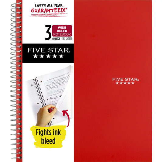 Five Star Spiral Notebook + Study App, 3 Subject, Wide Ruled, 8" x 10.5", Harvest