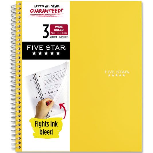 Five Star Spiral Notebook + Study App, 3 Subject, Wide Ruled, 8" x 10.5", Harvest