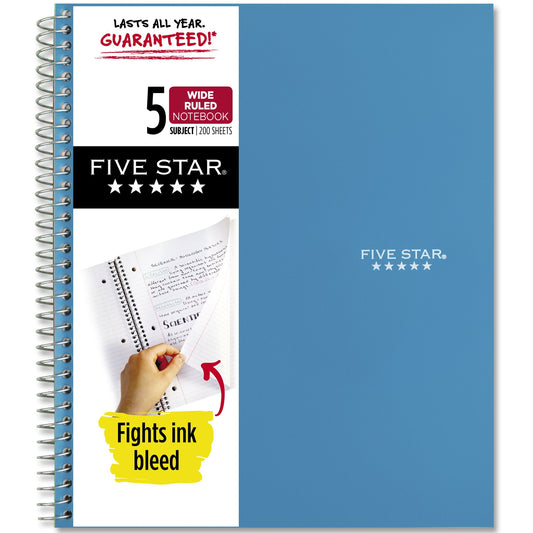 Five Star Spiral Notebook + Study App, 5 Subject, Wide Ruled, 8" x 10.5"