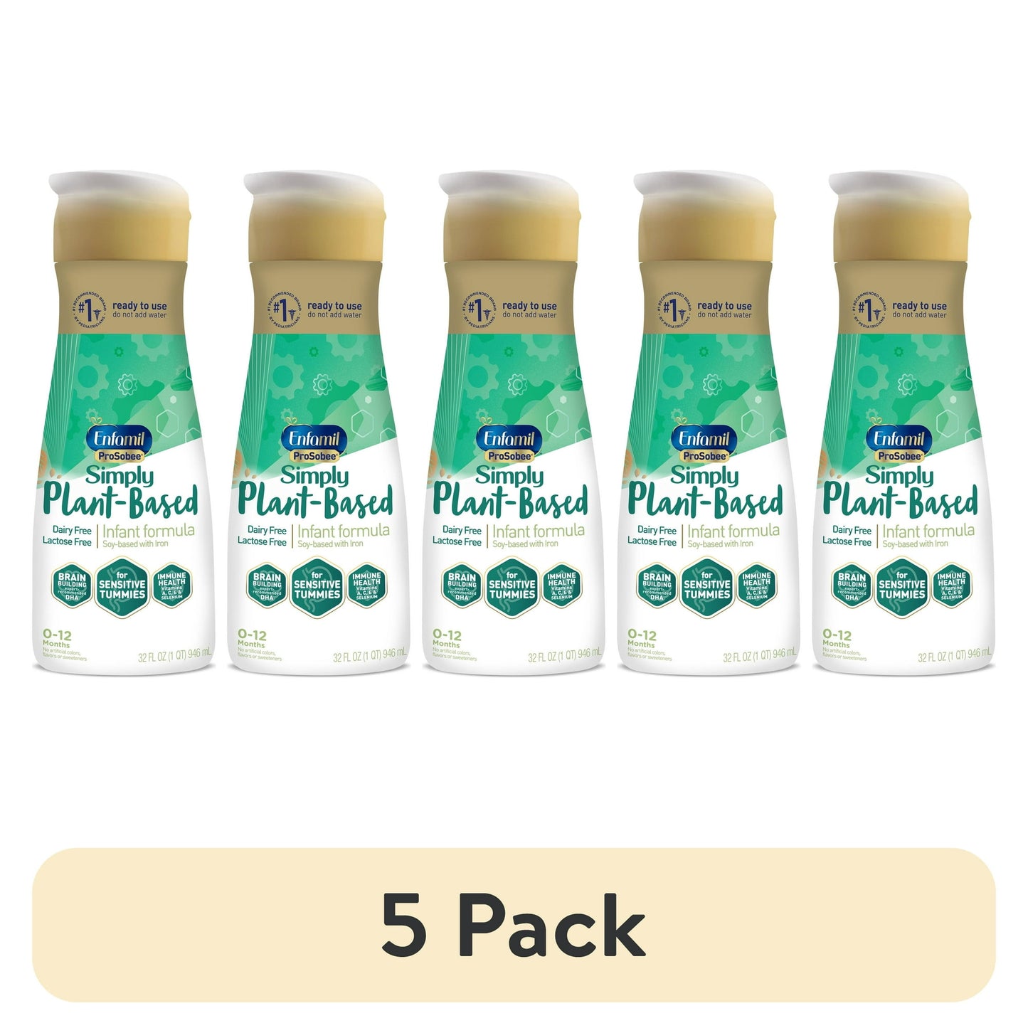 Five bottles of Plant-Based infant formula on a white background with '5 Pack' label.