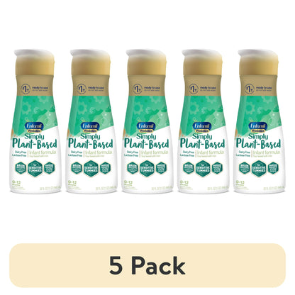 Five bottles of Plant-Based infant formula on a white background with '5 Pack' label.