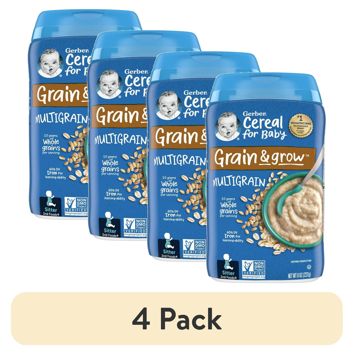 Four bottles of Cereal for Baby Grain & Grow Multigrain cereal on a white background.