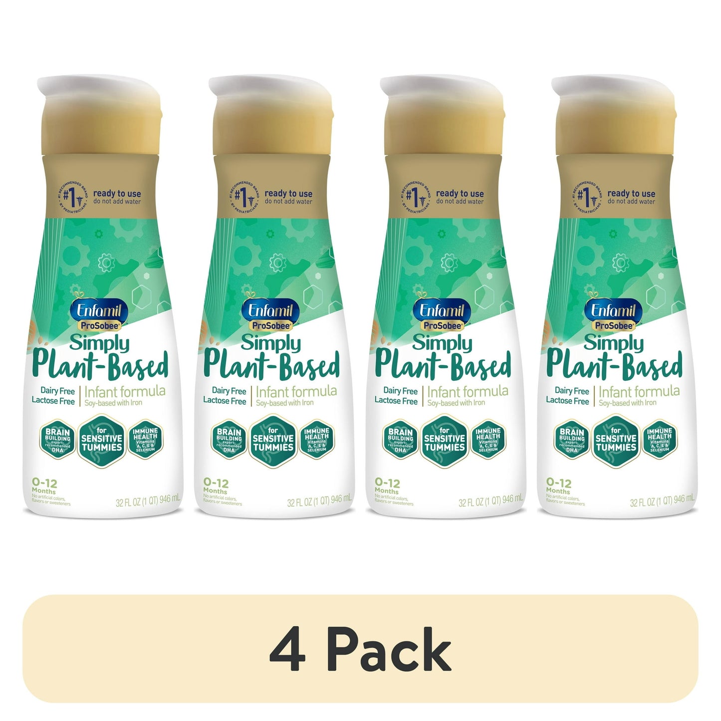 Four bottles of Plant-Based infant formula on a white background