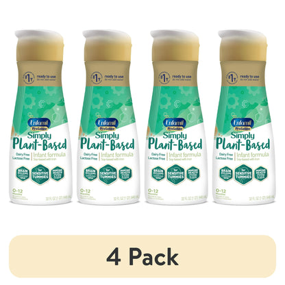 Four bottles of Plant-Based infant formula on a white background