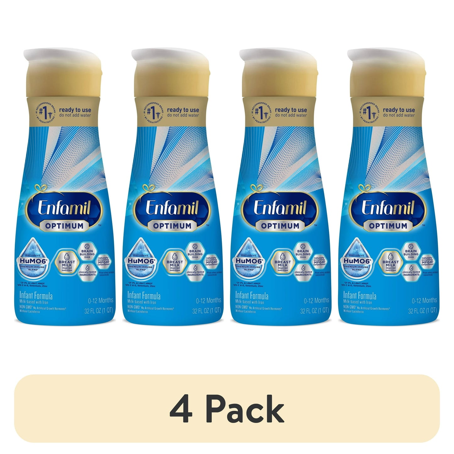 Four bottles of formula with a '4 Pack' label on a white background.