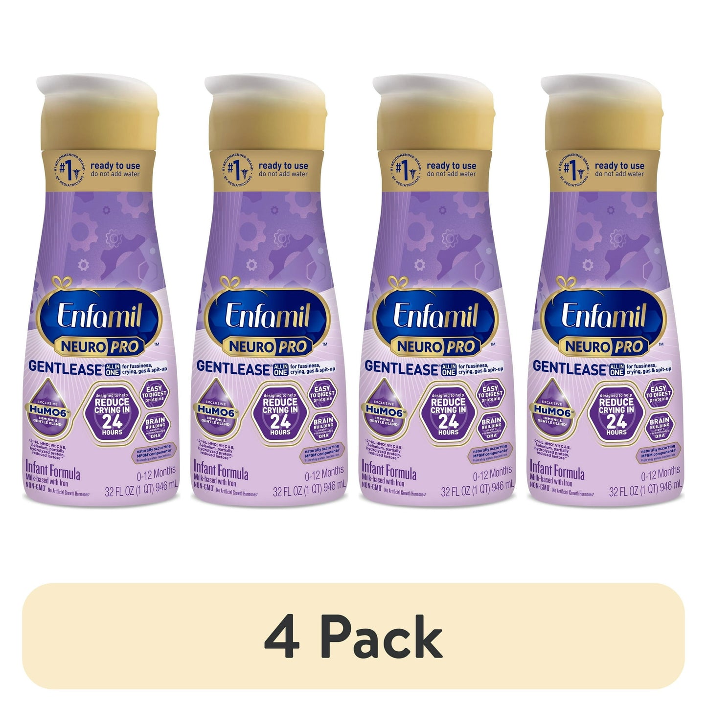 Four bottles of infant formula on a white background