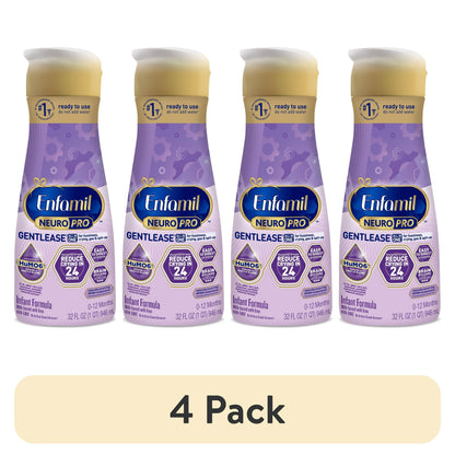 Four bottles of infant formula on a white background