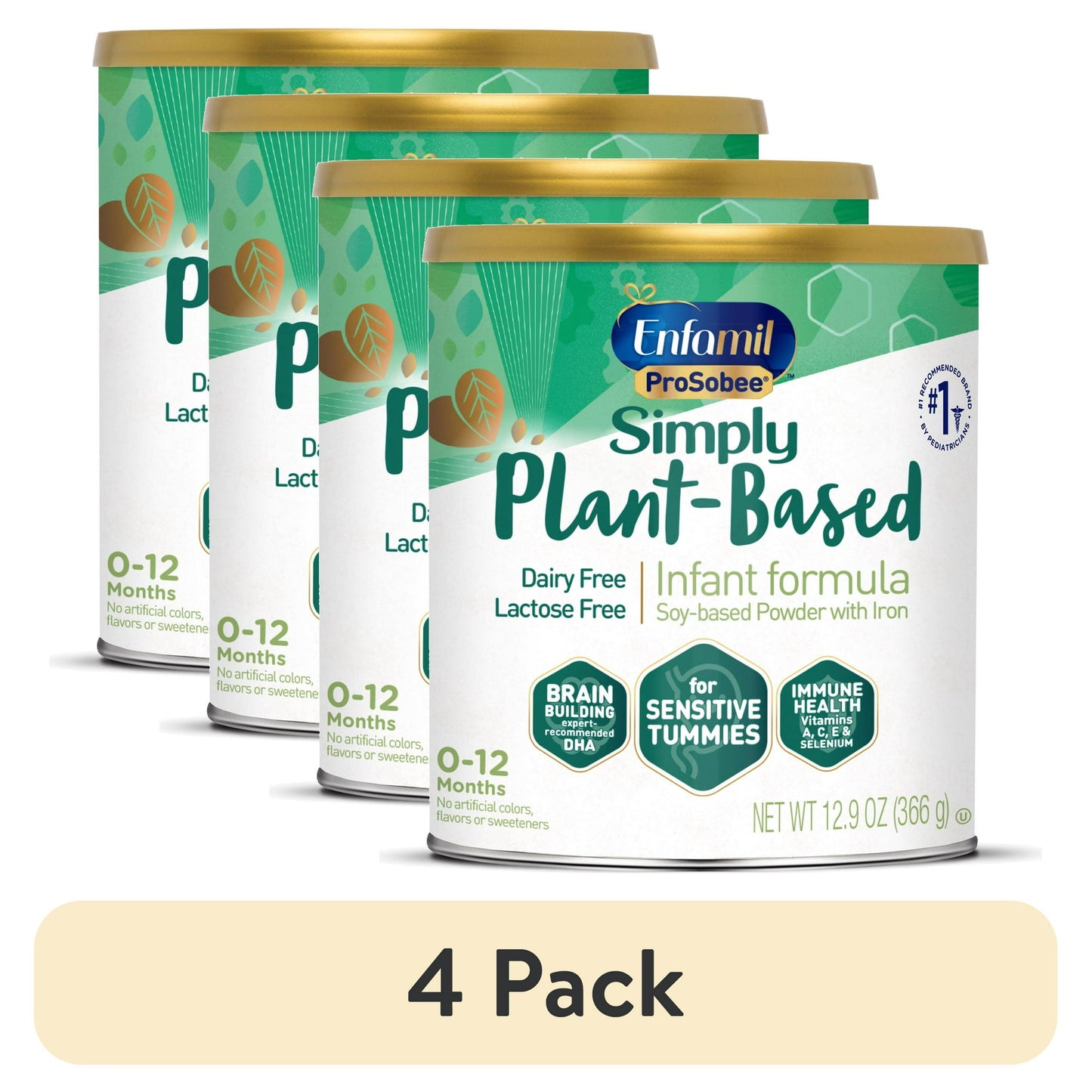 Four cans of Simply Plant-Based infant formula on a white background