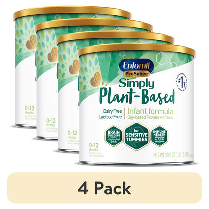 Four cans of Simply Plant-Based infant formula on a white background
