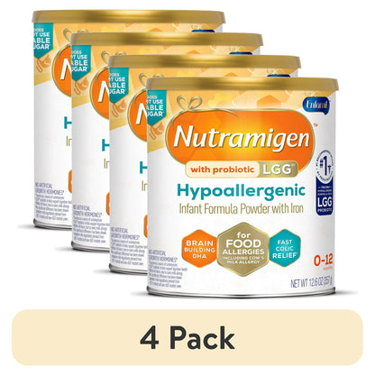 Four cans of hypoallergenic infant formula powder on a white background