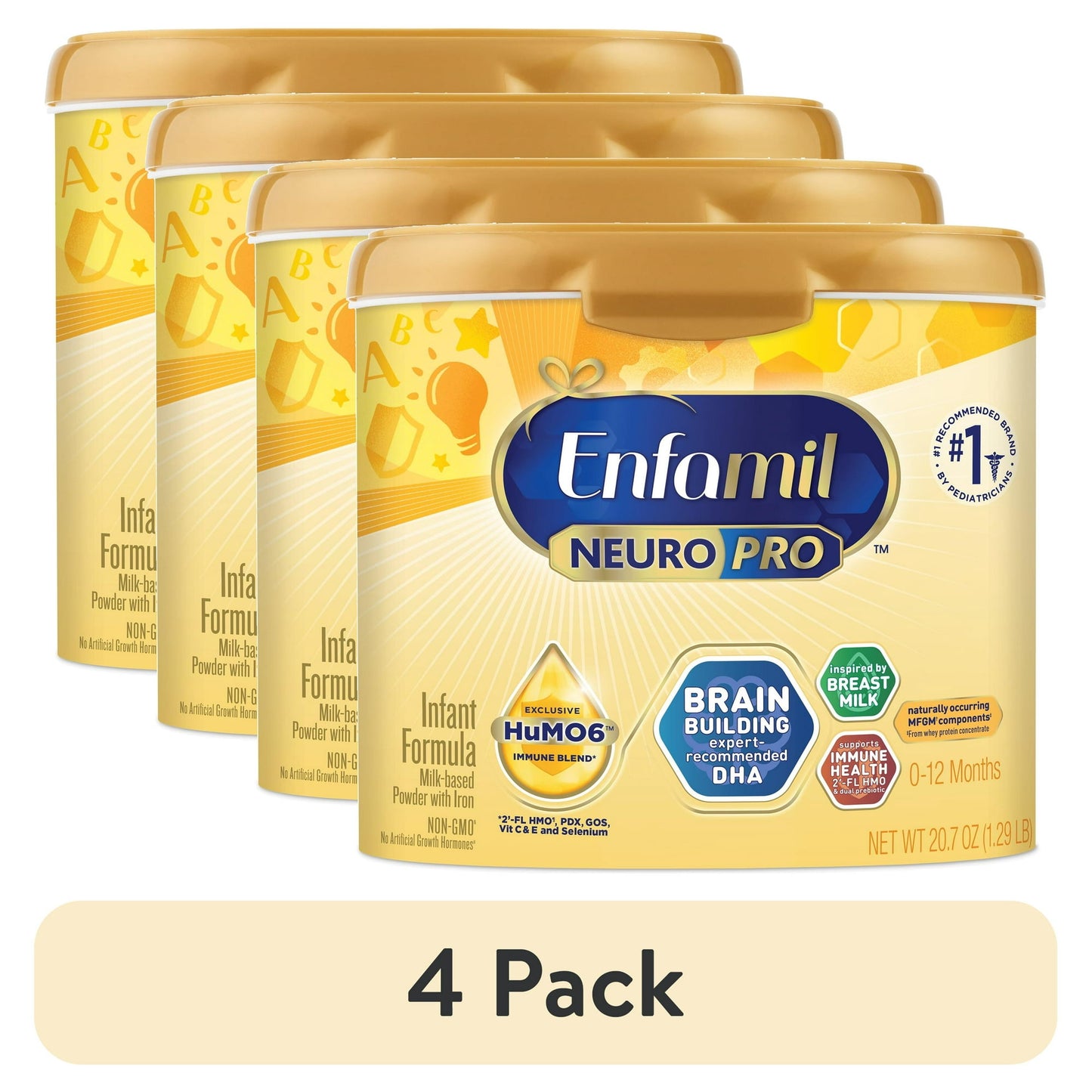 Four cans of infant formula on a white background