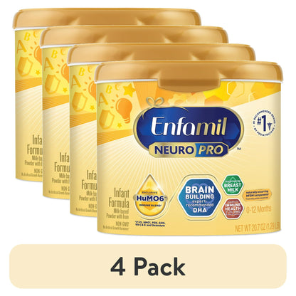 Four cans of infant formula on a white background