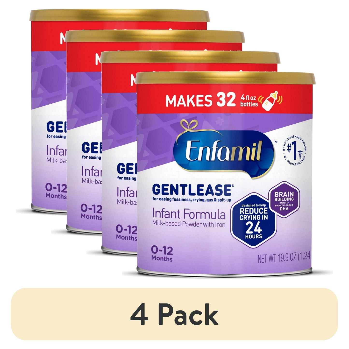Four cans of infant formula with a '4 Pack' label on a white background.