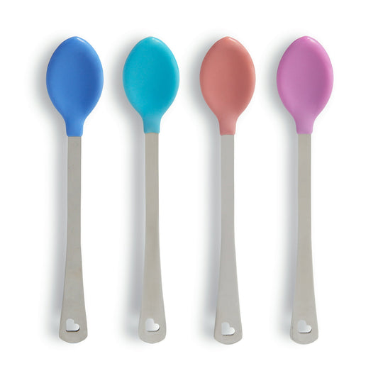 Four colorful spoons with blue, pink, and purple handles on a white background